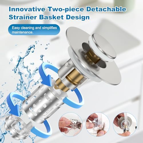 Hibbent 2 Pack Bathroom Sink Drain Strainer, 3 in 1 Pop Up Stopper - Image 3