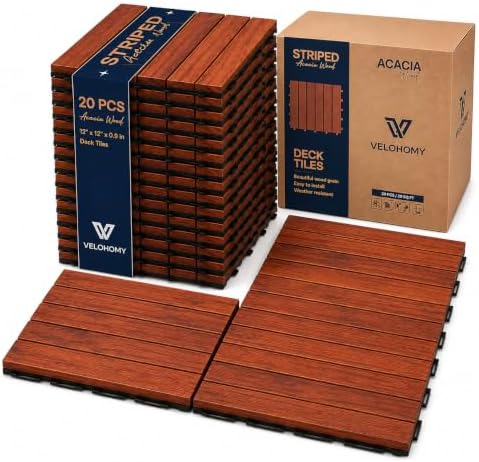 20 PCS Interlocking Deck Tiles, Striped Pattern 12"x12" Acacia Wood Outdoor by Unknown
