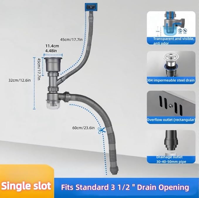 One Sink Kitchen Drainage Kit Space Saving Flexible Drain Pipe Flexible P-Trap - Image 2