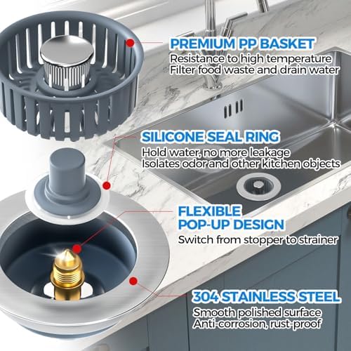zaa 3 in 1 Kitchen Sink Drain Strainer Stopper Removable Basket Pop-Up - Image 5