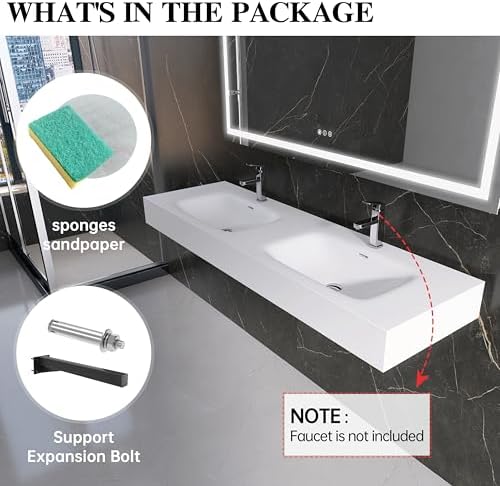 Wall Mount Double Bathroom Sink 59"L x 18"W x 5"H, Resin Stone Floating Sink - Image 5