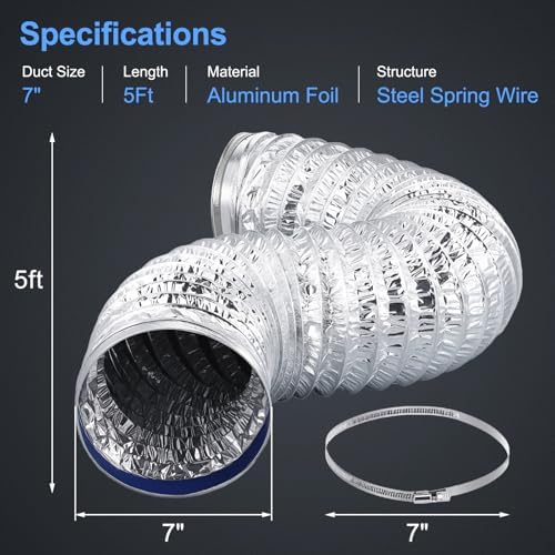 7 Inch Flexible Ducting 5FT, Double-Layer Aluminum Dryer Vent Hose, Heavy Duty - Image 2