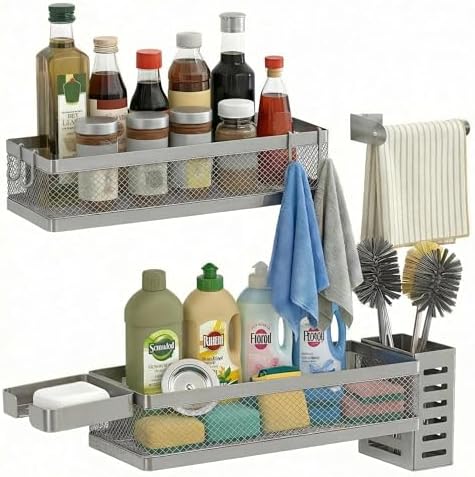 PUSDON 5-in-1 Wide Wall Mount Wrapped Mesh Kitchen Organizer & Shower Caddy Kit by PUSDON