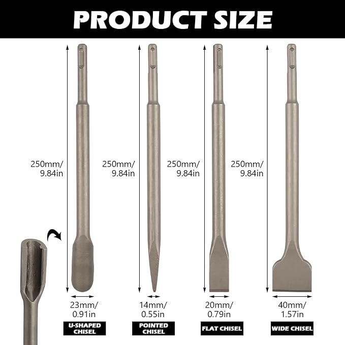 SDS Plus Masonry Chisel Set – 4-Piece Heavy-Duty SDS-Plus Bits, Includes Flat & - Image 2