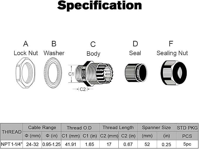 5 Pack NPT 1-1/4" Cable Glands Waterproof Adjustable 24-32mm Cable Connectors - Image 2