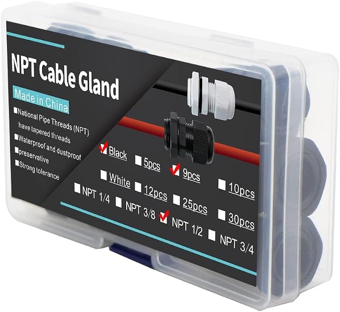 9-Pack 1/2" NPT Cable Glands, IP68 Waterproof Nylon PA66 Strain Relief Cord - Image 6