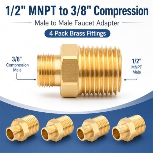 4 Pack 1/2" MNPT to 3/8" Compression Brass Faucet Adapter - Image 2