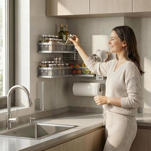 PUSDON 5-in-1 Wide Wall Mount Wrapped Mesh Kitchen Organizer & Shower Caddy Kit - Image 5