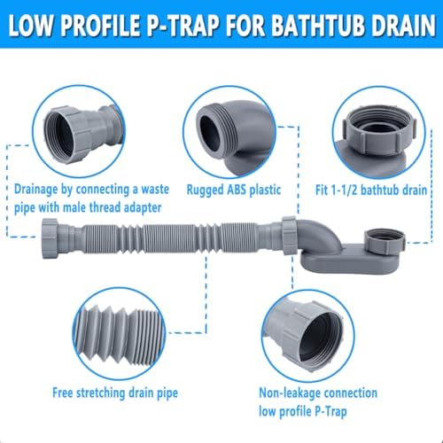 Low Profile 1 1/2 P Trap, Flexible Bathtub Shower Drain Pipe, Flat P Trap - Image 3