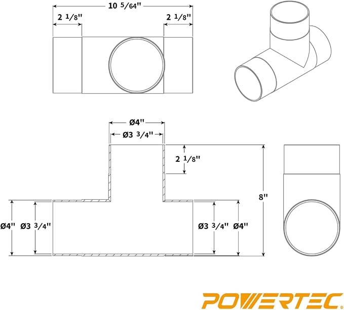 POWERTEC 70107V 4" T-Fitting for Dust Collection Hose, 1 PK - Image 5