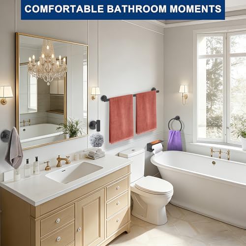 5 Pieces Bathroom Hardware Accessories Set Matte Black, 24Inch Round Towel - Image 2