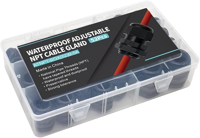 NPT Cable Glands 1/4” 3/8” 1/2” 3/4” 1”- 52 Pack Black Plastic Waterproof IP68 - Image 7