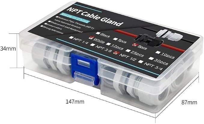 9-Pack 1/2" NPT Cable Glands, IP68 Waterproof Nylon PA66 Strain Relief Cord - Image 4