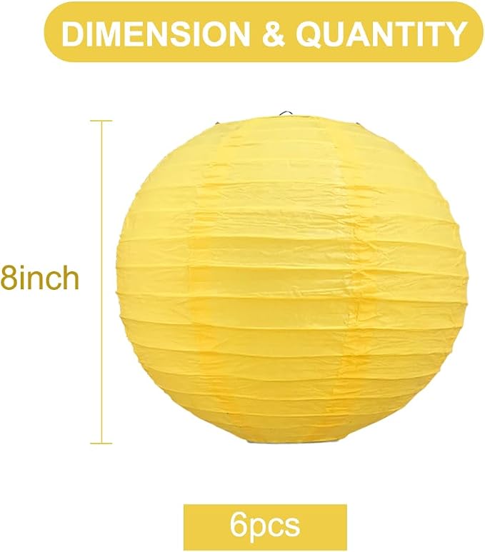BEISHIDA 8 Inch Yellow Paper Lanterns 6 Packs Hanging Round Chinese Lantern | - Image 2