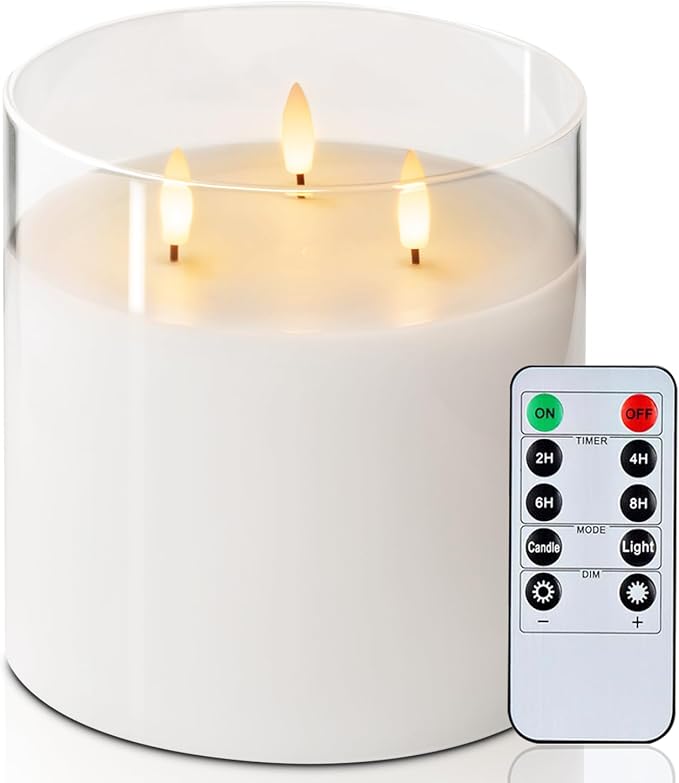 Homemory Pure White Large Glass Flameless LED Candle, 3 Wicks, Remote Timer | by Homemory