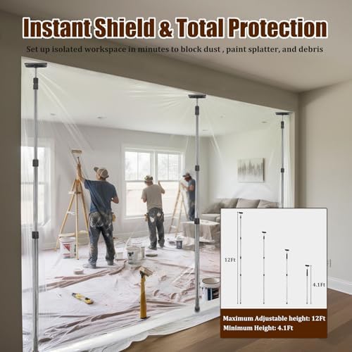 12FT Dust Barrier Poles 4 Pack, Stainless Steel Retractable Zipper Wall Poles - Image 2