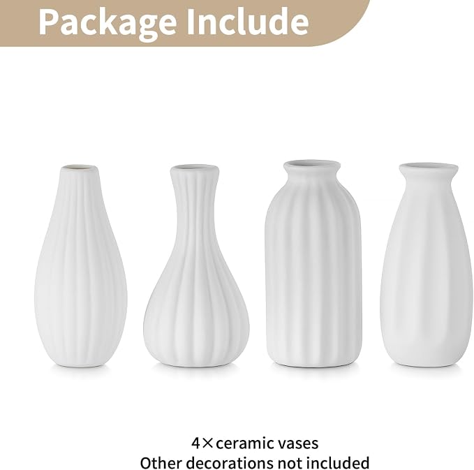 NUPTIO White Ceramic Bud Vase: Small Assorted Vases 4 Pcs, Unglazed | Table - Image 6