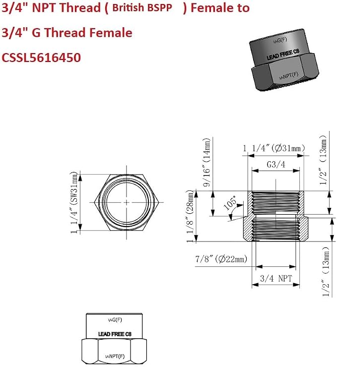 Cascada 3/4" G Thread Female to 3/4" NPT Thread Female Pipe Fitting Adapter - Image 4