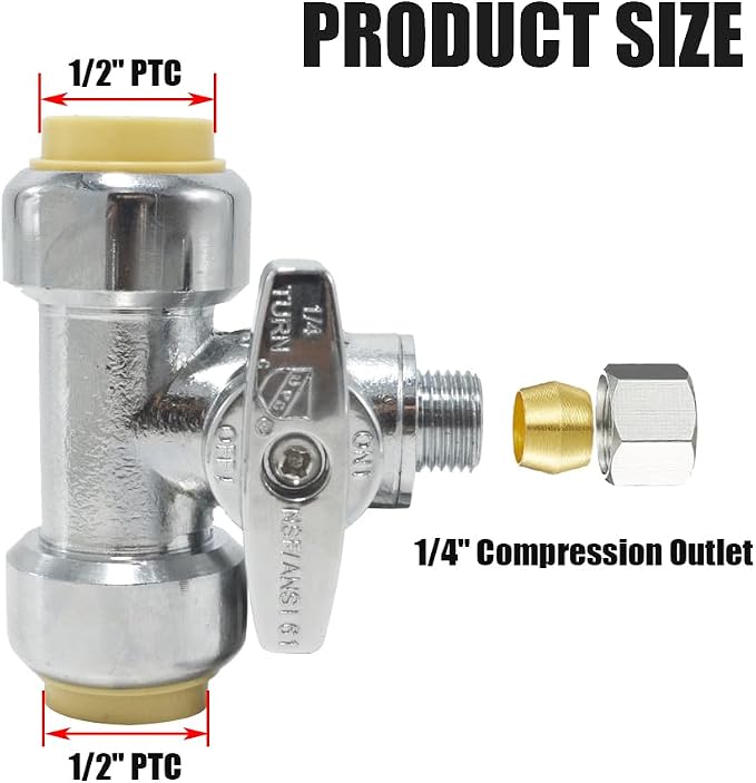 TTFLEX 1/2" x 1/2" x 1/4" Tee Valve Push to Connect Shut Off Valve 1/4 Turn | - Image 2