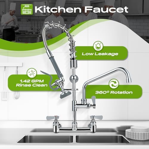 Commercial Sink Faucet with Sprayer 8 Inch Center Wall Mount Kitchen Sink - Image 5