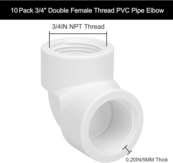10Pack 3/4" Double Female Thread 90 Degree PVC Elbow Pipe Fitting Connector - Image 2