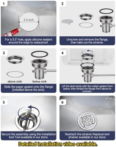 3-1/2" Commercial Sink Drain NO-Overflow, Twist Handle Waste Drain Valve - Image 5