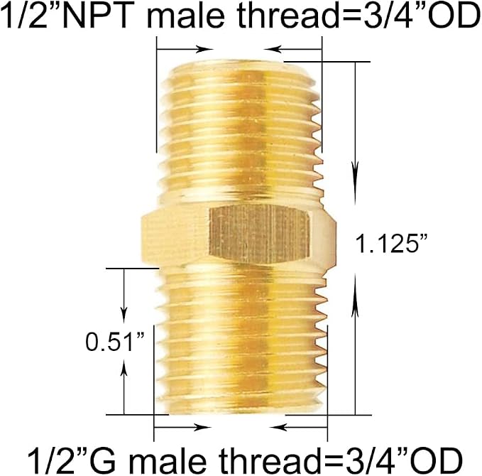 Joywayus 1/2" NPT Male Thread x 1/2" G Male Thread Brass Hex Nipple Fitting - Image 2