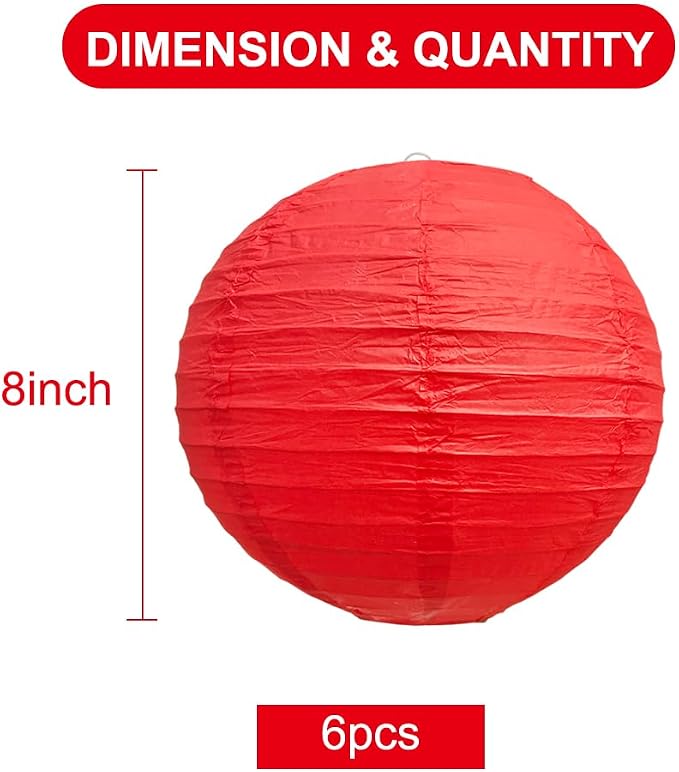 BEISHIDA 8 Inch Red Paper Lanterns 6 Packs Hanging Round Chinese Lantern | - Image 2