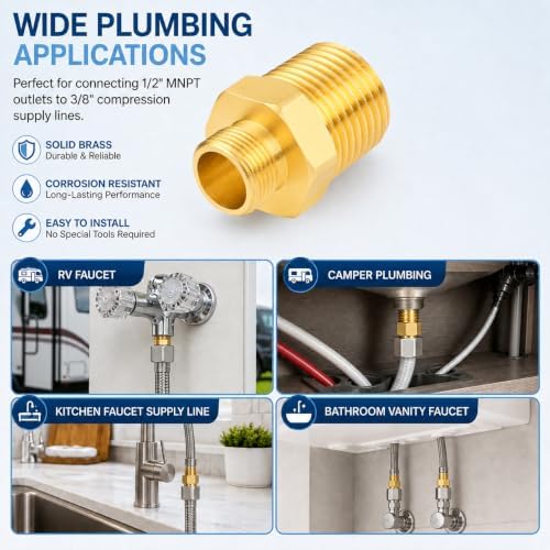 2 Pack 1/2" MNPT to 3/8" Compression Brass Faucet Adapter - Image 4