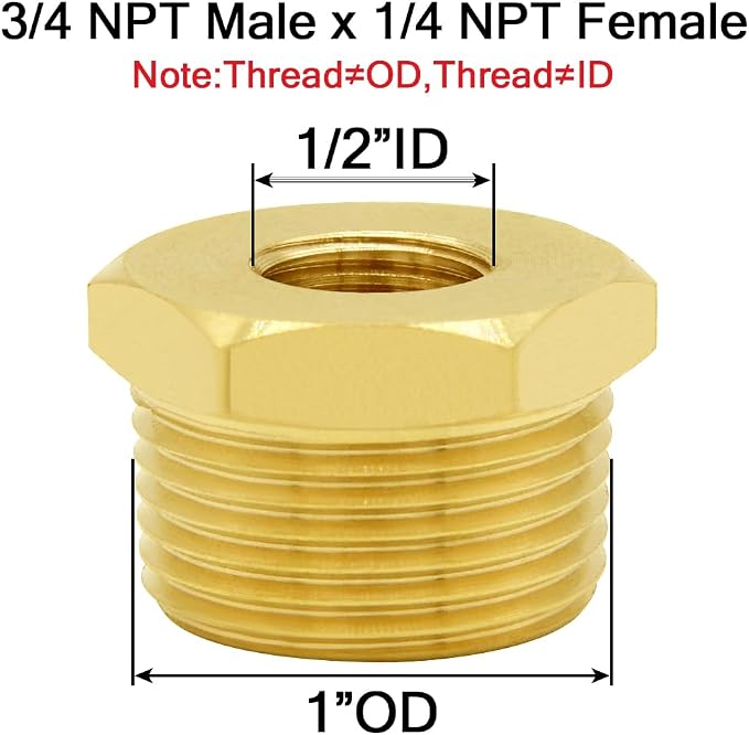 Joywayus 2Pcs Brass Reducing Hex Bushing 3/4" NPT Male to 1/4" NPT Female | - Image 2