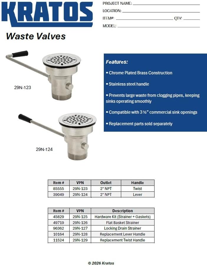 Kratos 29N-123 Waste Valve, Twist Handle, 3-1/2" Sink Opening - Image 6