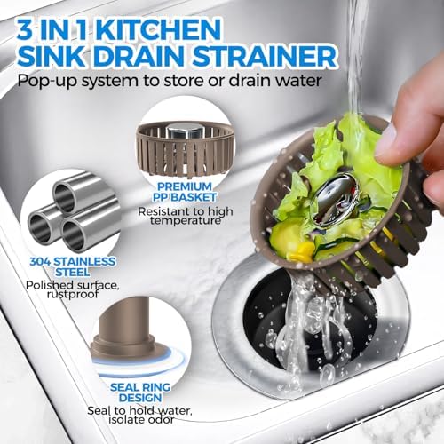 zaa 3 in 1 Kitchen Sink Drain Strainer Stopper Removable Basket Pop-Up - Image 2