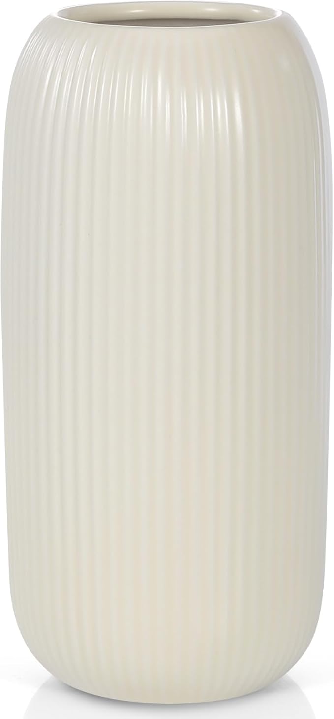 Ceramic Vase for Flowers – Modern Small Ribbed Textured Flower Vase for Home by RIKBVOM