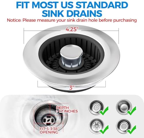 zaa 3 in 1 Kitchen Sink Drain Strainer Stopper Removable Basket Pop-Up - Image 7