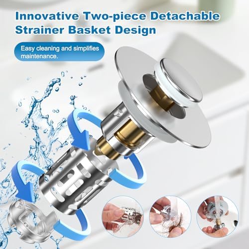 Hibbent Universal Bathroom Sink Drain Strainer, 3 in 1 Pop Up Stopper - Image 2