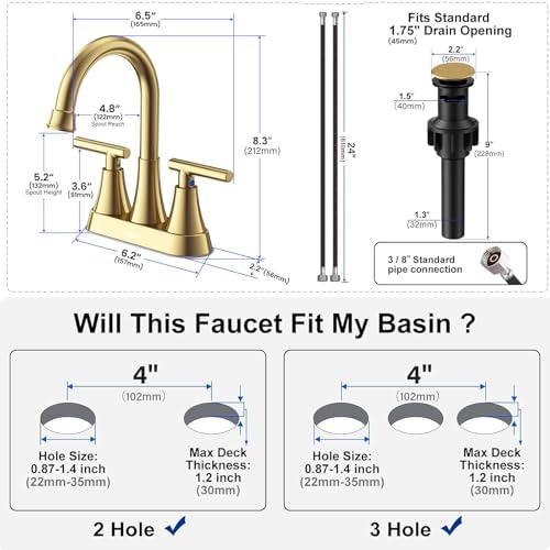Brushed Gold Bathroom Faucet, Hurran 4 inch Centerset 2-Handle Lead-Free - Image 3