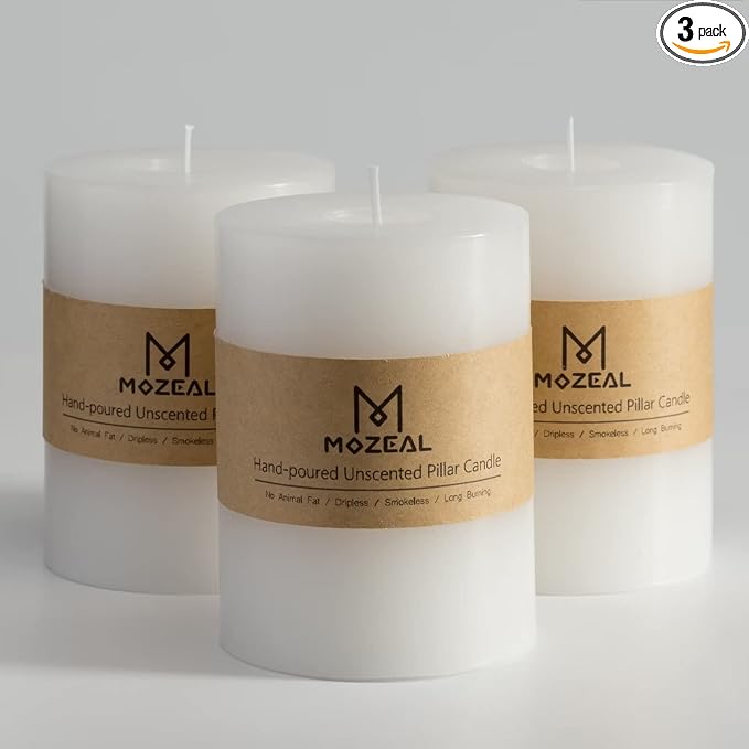 MOZEAL 3" x 4" Hand-Poured Unscented Candle, Dripless Pillar Candle Set of 3 by MOZEAL