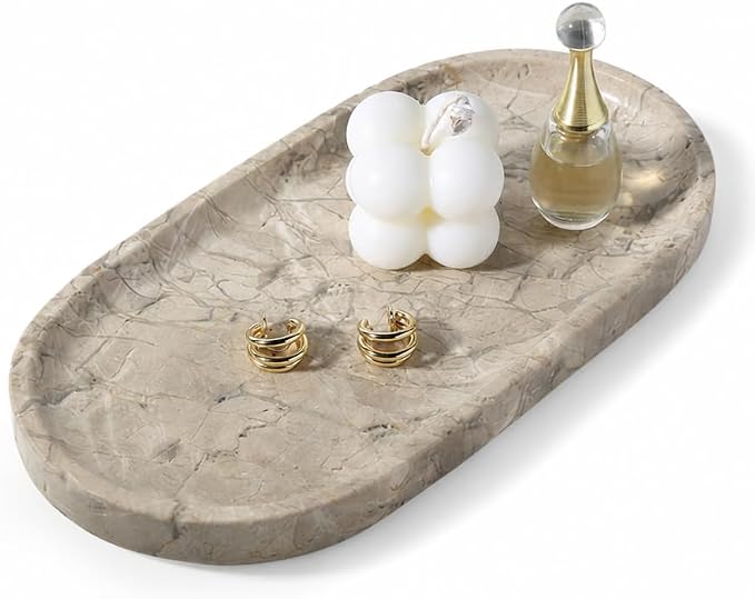 Natural Silver Pearl Marble Decorative Tray, Catchall Tray Stone Plate by Koville