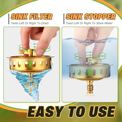 Threehoney 2 Pcs Kitchen Sink Drain Strainer 3-1/2 Inch Gold Stainless Steel - Image 4