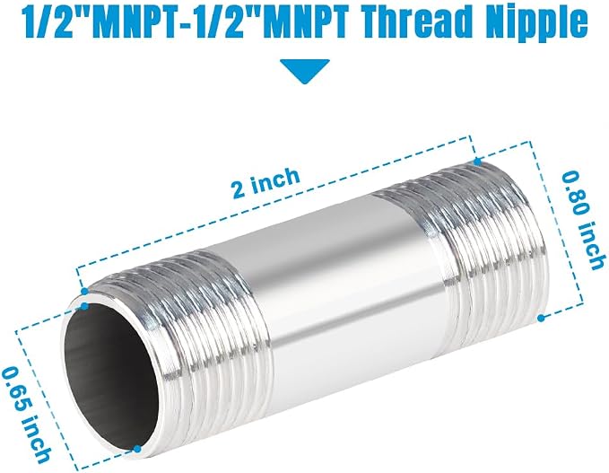 Quickun 304 Stainless Steel Nipple Pipe Fitting, 1/2" NPT x 1/2" NPT Male - Image 2