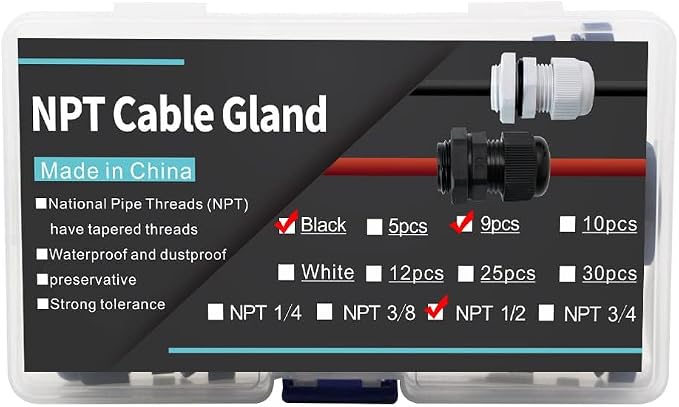 9-Pack 1/2" NPT Cable Glands, IP68 Waterproof Nylon PA66 Strain Relief Cord - Image 5