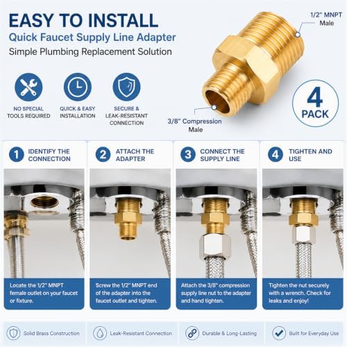 4 Pack 1/2" MNPT to 3/8" Compression Brass Faucet Adapter - Image 4