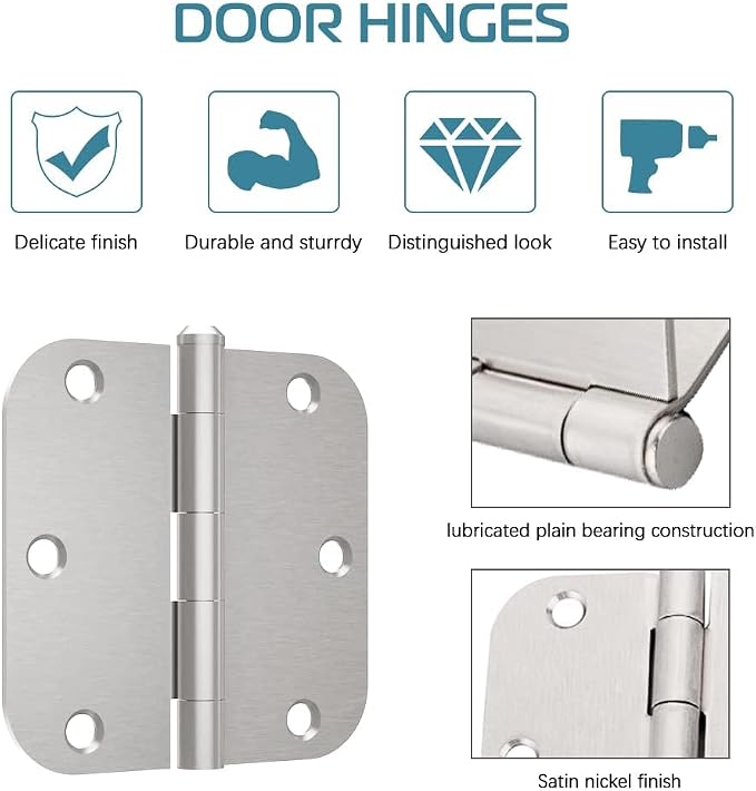 18 Pack Satin Nickel Door Hinges 3.5 inch Brushed Nickel Hinges Rounded 5/8" - Image 3