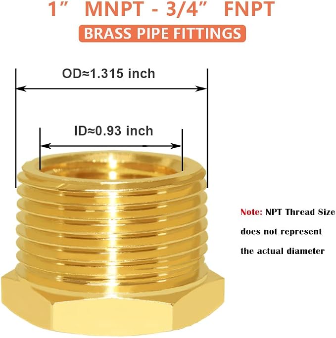 Hooshing 2PCS Brass Reducer Hex Bushing 1" NPT Male x 3/4" NPT Female | Heavy - Image 2