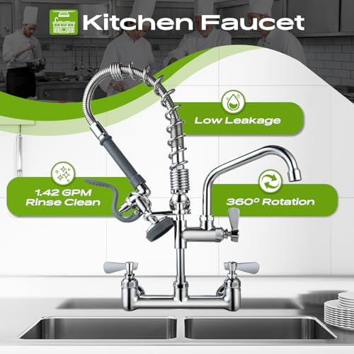 Commercial Sink Faucet with Sprayer 21" Height, 8 Inch Center Wall Mount - Image 5