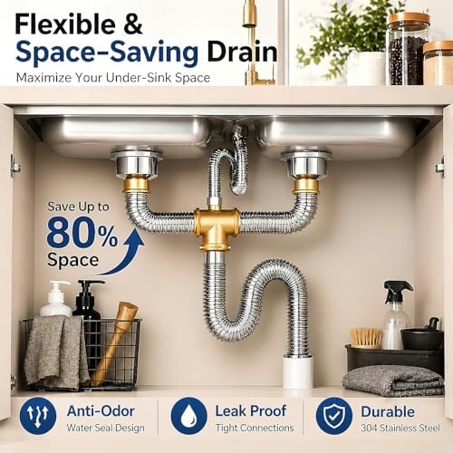 Double Sink Drain Kit, Stainless Steel Corrugated Flexible Drain Hose, - Image 4