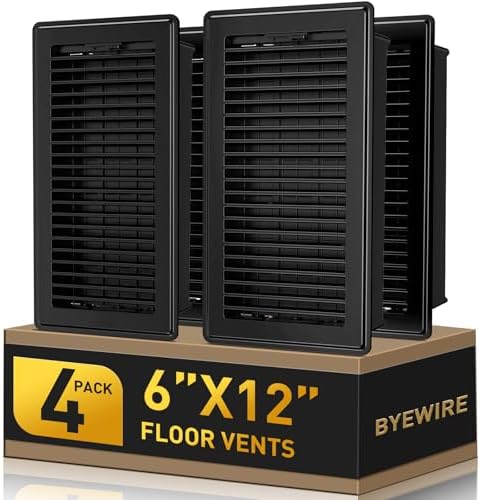Floor Register Fits 6x12 or 12x6 Duct Opening, 4 Pack Black Floor Vents by BYEWIRE