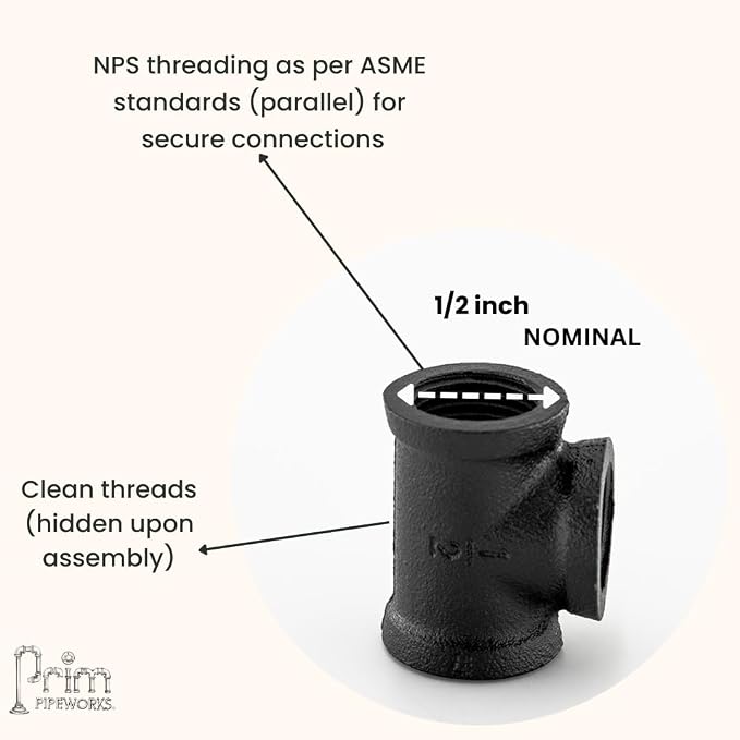 1/2" TEE Industrial Threaded Black Iron Pipe Fittings; Black Satin Finish - Image 2