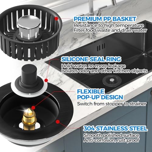 zaa 3 in 1 Kitchen Sink Drain Strainer Stopper Removable Basket Pop-Up - Image 5