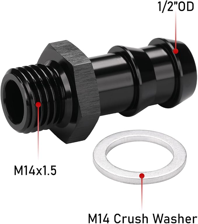M14x1.5 Male Metric to 1/2 Barb Fuel Pump Inlet Adapter Fitting Aluminum Black - Image 2